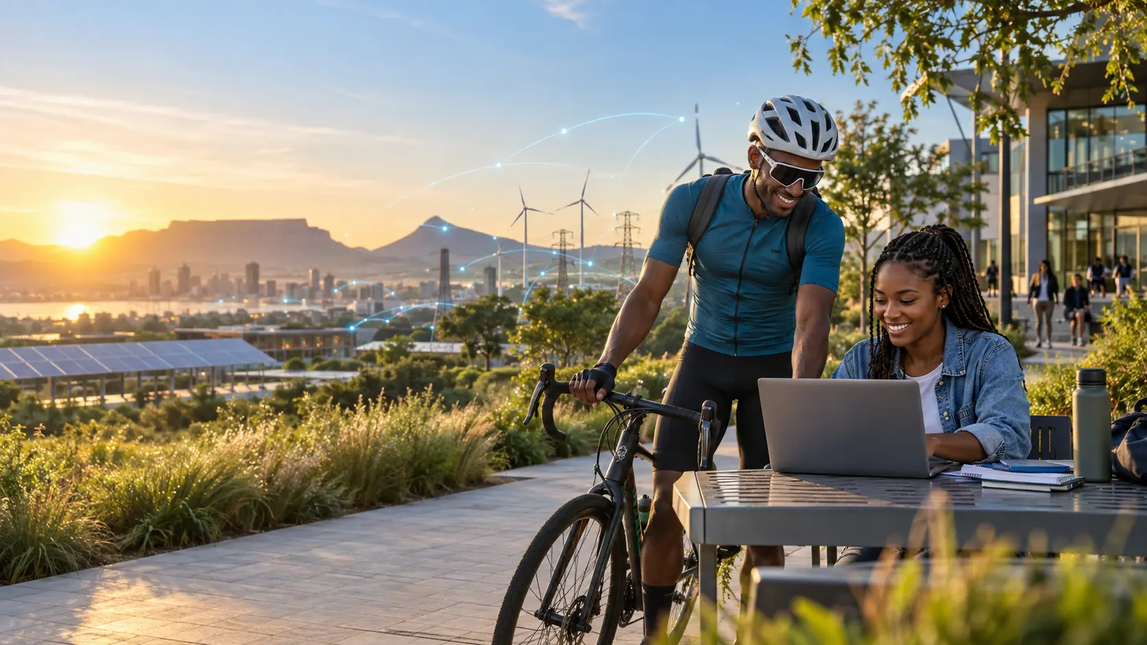A cyclist supporting an African learner studying digital and renewable-energy skills
